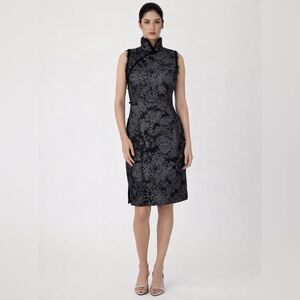 Yifei Chinese Qipao Cheongsam Jacquard Dress Fur Trim Sleeveless Midi